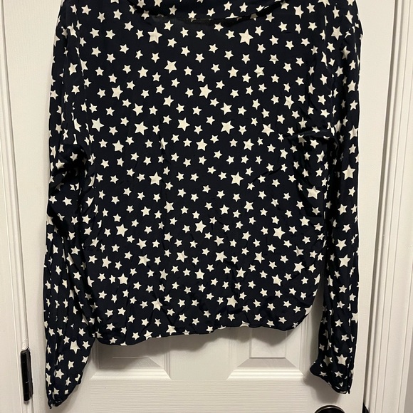 ZARA Navy Blue Black White Star Print Crop Blouse w Tie Sz Med - Picture 4 of 7